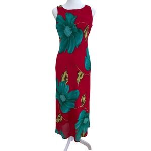 Byer Studio Petite Vintage Red Teal Floral Sleeveless Maxi Dress Size P/6 USA
